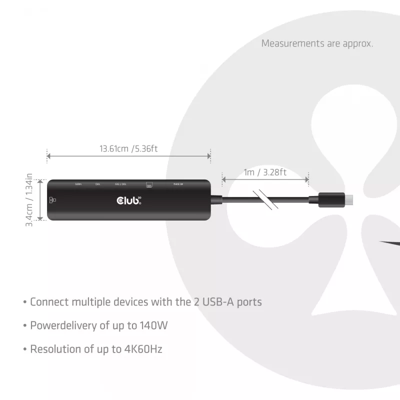 USB-C uz HDMI centrmezgls CLUB3D 7-1 — vadu, Gigabit Ethernet, melns, 136×34×94,5 mm
