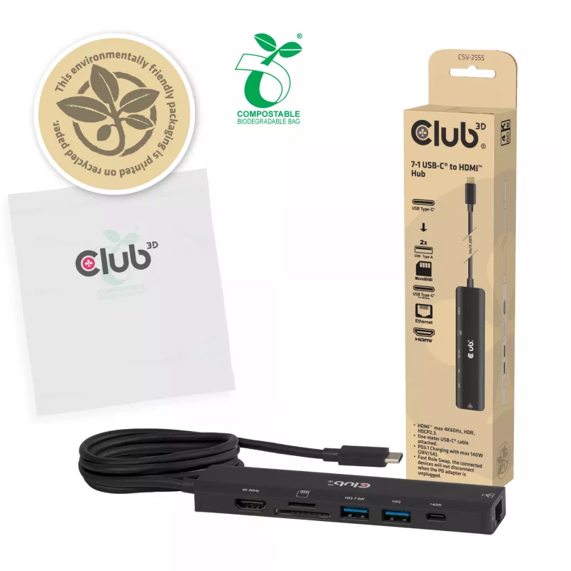 USB-C uz HDMI centrmezgls CLUB3D 7-1 — vadu, Gigabit Ethernet, melns, 136×34×94,5 mm