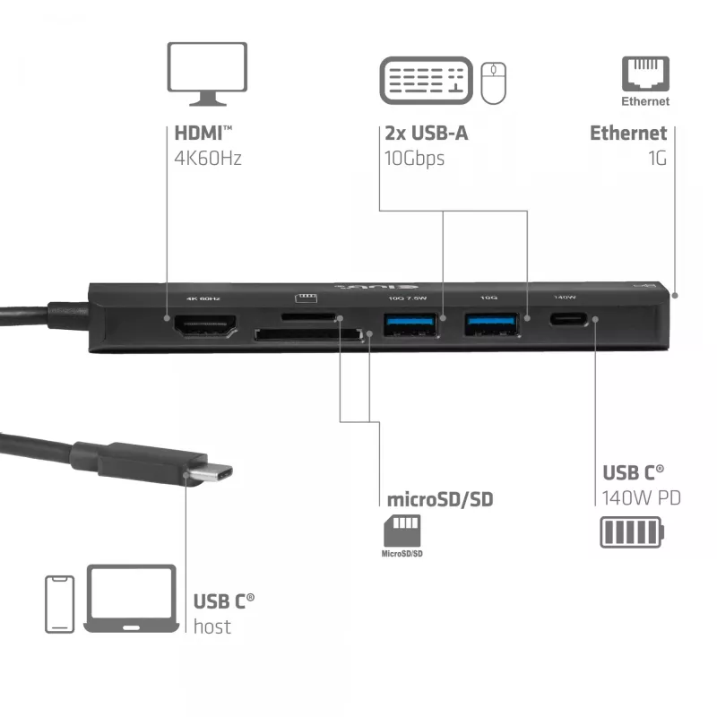 USB-C uz HDMI centrmezgls CLUB3D 7-1 — vadu, Gigabit Ethernet, melns, 136×34×94,5 mm