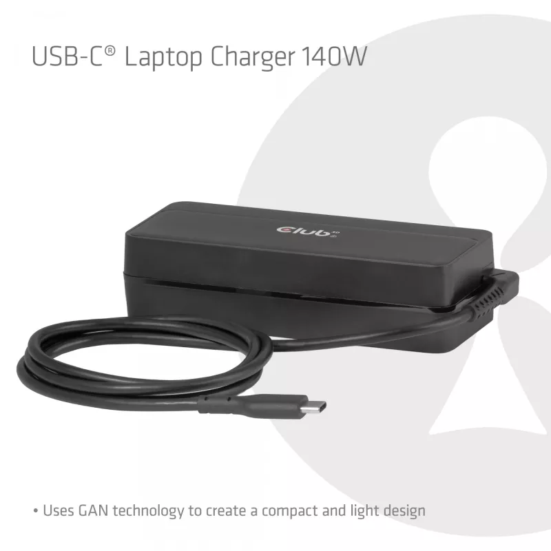 USB-C portatīvā datora lādētājs CLUB 3D 140W, maiņstrāvas barošana, universāla saderība, 1 m kabelis, melns