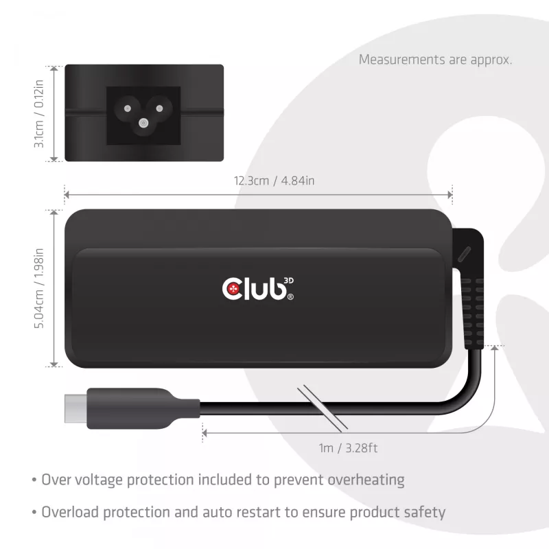 USB-C portatīvā datora lādētājs CLUB 3D 140W, maiņstrāvas barošana, universāla saderība, 1 m kabelis, melns