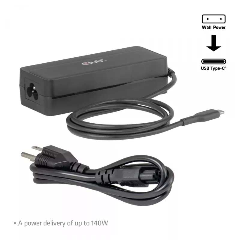USB-C portatīvā datora lādētājs CLUB 3D 140W, maiņstrāvas barošana, universāla saderība, 1 m kabelis, melns