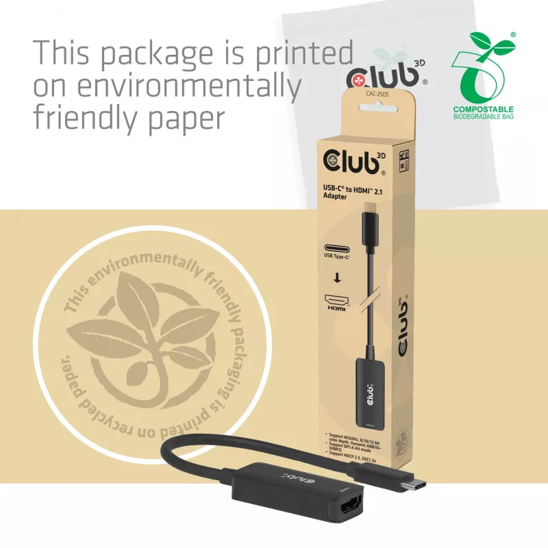 USB-C uz HDMI 2.1 adapteris Club 3D CAC-2505 — 8K@60Hz, USB Type-C uz HDMI + USB, 0,12 m