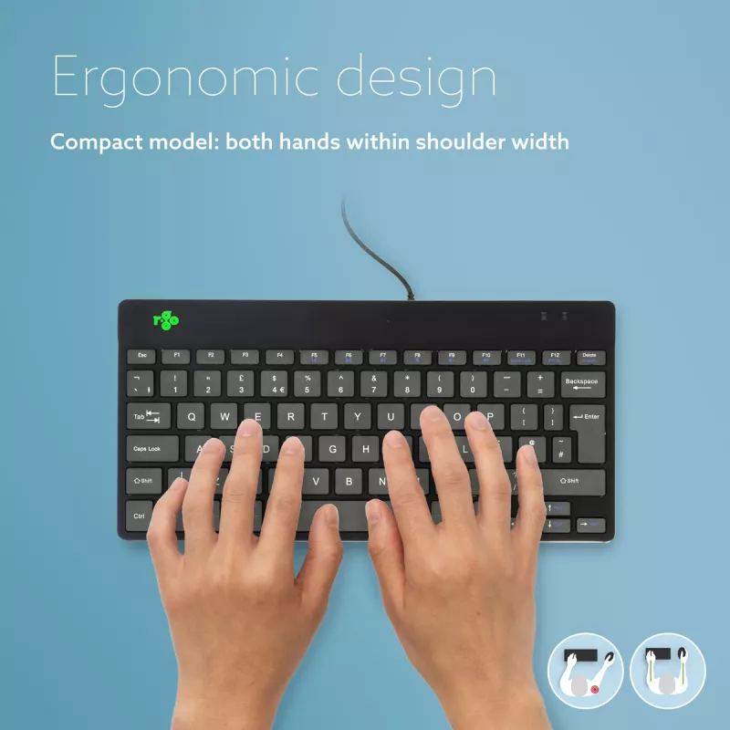 R-Go Tools Ergonomic tastatūra R-Go Compact Break, kompakta tastatūra ar pārtraukumu programmatūru, QWERTY (UK), vadu, melna