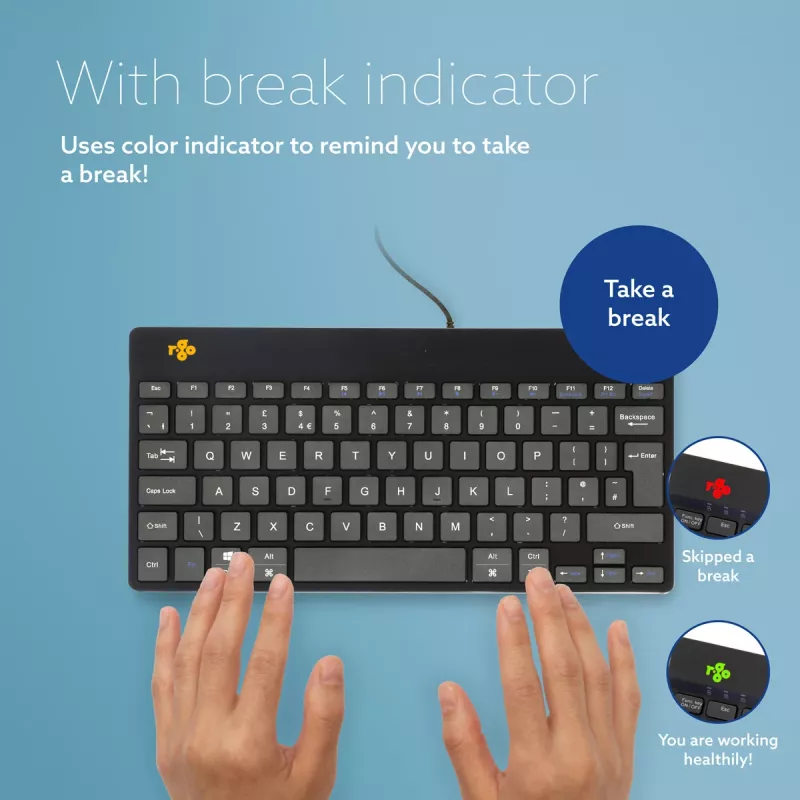 R-Go Tools Ergonomic tastatūra R-Go Compact Break, kompakta tastatūra ar pārtraukumu programmatūru, QWERTY (UK), vadu, melna