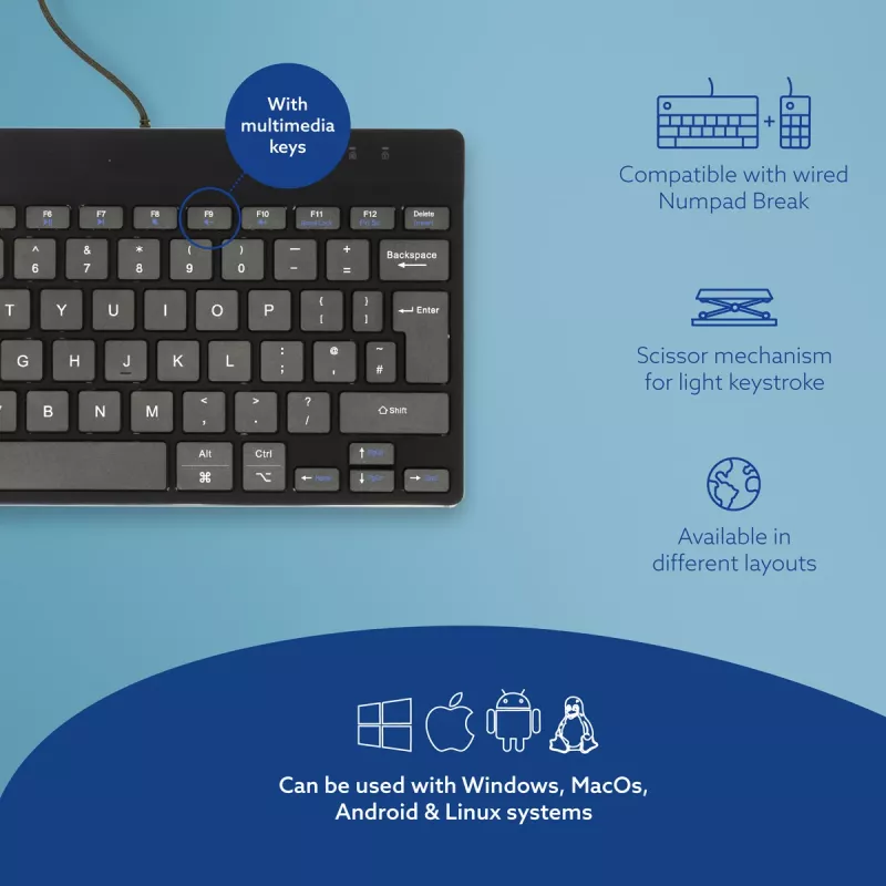 R-Go Tools Ergonomic tastatūra R-Go Compact Break, kompakta tastatūra ar pārtraukumu programmatūru, QWERTY (UK), vadu, melna