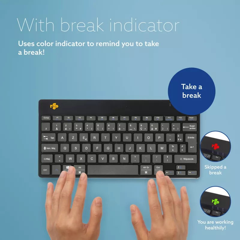 R-Go Tools Ergonomic tastatūra R-Go Compact Break, kompakta tastatūra ar pārtraukuma programmatūru, AZERTY (FR), Bluetooth, melna
