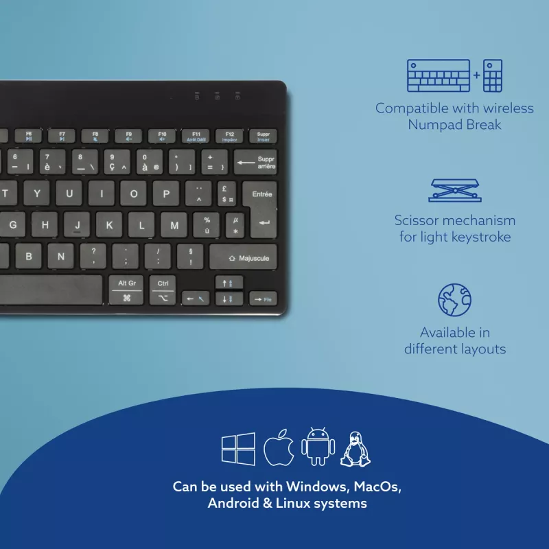 R-Go Tools Ergonomic tastatūra R-Go Compact Break, kompakta tastatūra ar pārtraukuma programmatūru, AZERTY (FR), Bluetooth, melna
