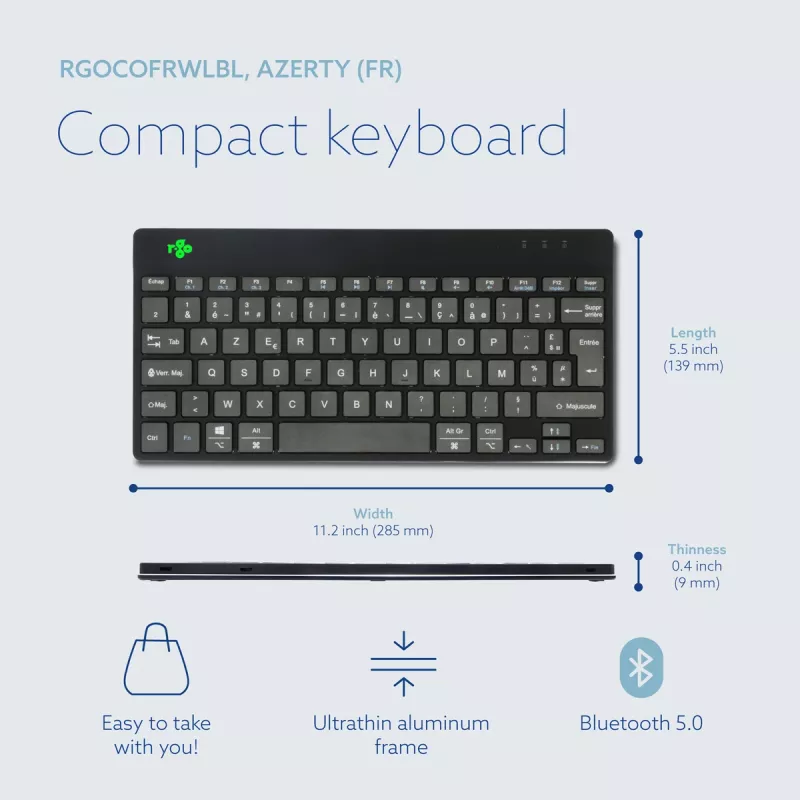 R-Go Tools Ergonomic tastatūra R-Go Compact Break, kompakta tastatūra ar pārtraukuma programmatūru, AZERTY (FR), Bluetooth, melna