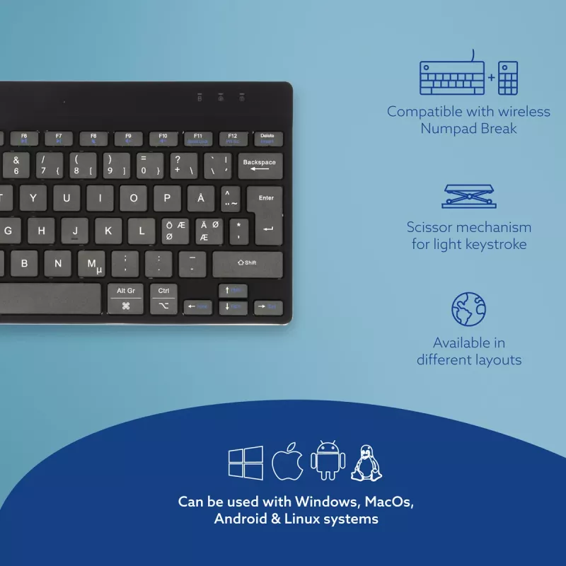 R-Go Tools ergonomiskā tastatūra R-Go Compact Break, kompakta tastatūra ar pārtraukumu programmatūru, QWERTY (NORDIC), Bluetooth, melna