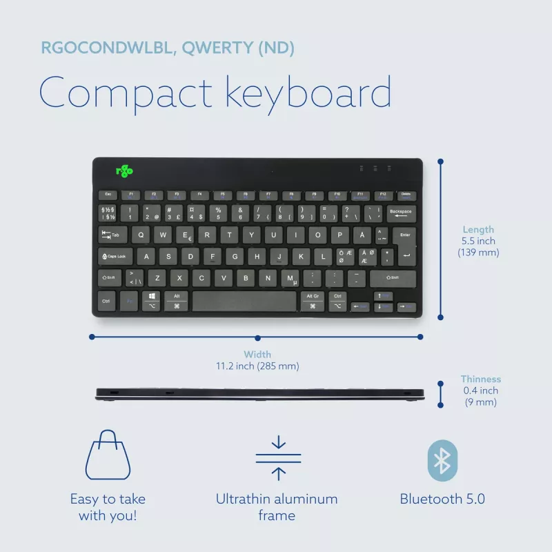 R-Go Tools ergonomiskā tastatūra R-Go Compact Break, kompakta tastatūra ar pārtraukumu programmatūru, QWERTY (NORDIC), Bluetooth, melna