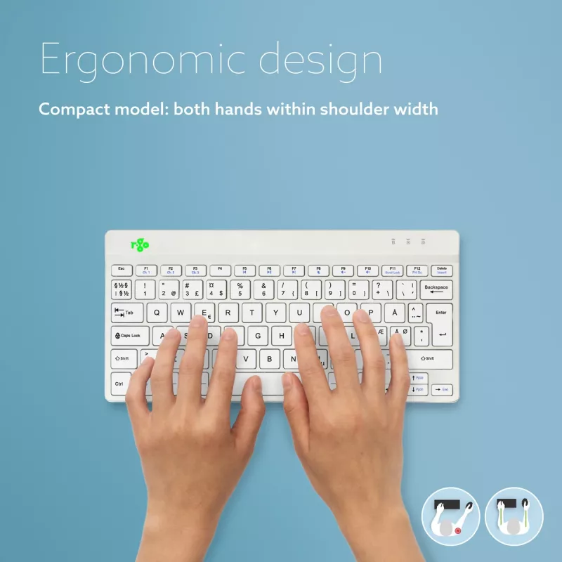 R-Go Tools ergonomiskā tastatūra R-Go Compact Break, kompakta tastatūra ar pārtraukumu programmatūru, QWERTY (NORDIC), Bluetooth, balta