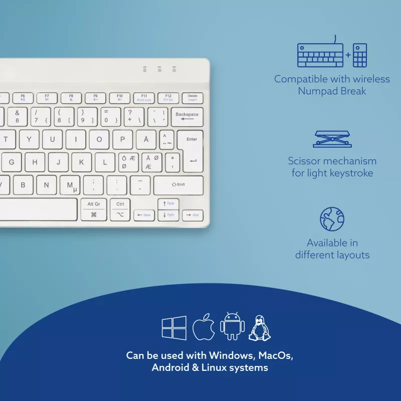 R-Go Tools ergonomiskā tastatūra R-Go Compact Break, kompakta tastatūra ar pārtraukumu programmatūru, QWERTY (NORDIC), Bluetooth, balta
