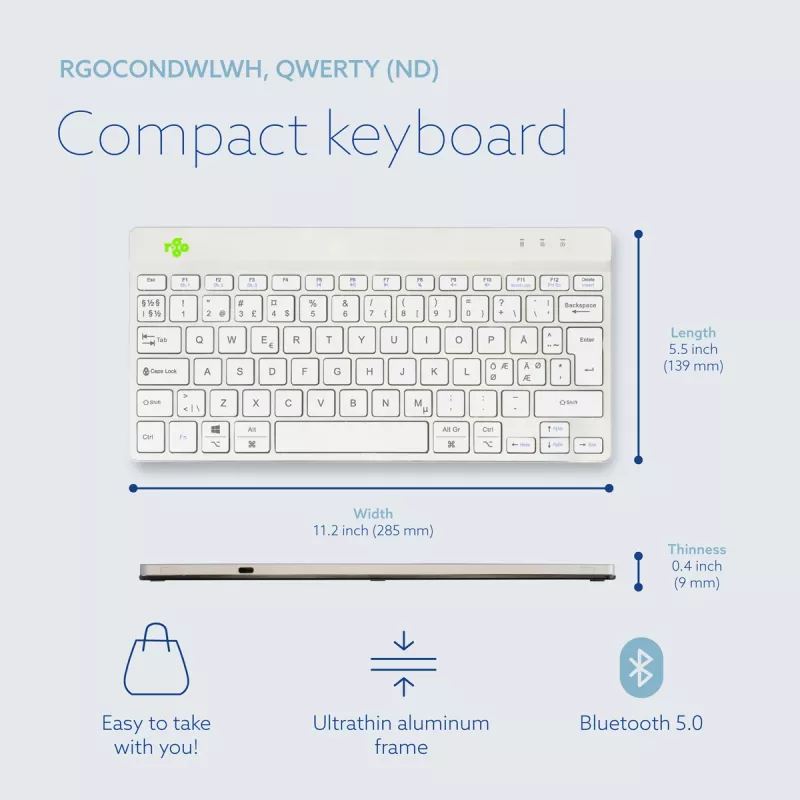 R-Go Tools ergonomiskā tastatūra R-Go Compact Break, kompakta tastatūra ar pārtraukumu programmatūru, QWERTY (NORDIC), Bluetooth, balta