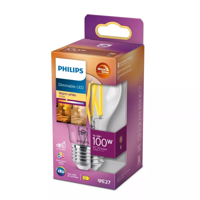 Philips Filament Bulb Clear 100W A60 E27, 10,5 W, 100 W, E27, 1521 lm, 15000 h, Siltais mirdzums