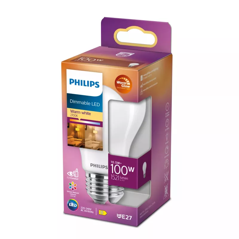 Philips Filament Bulb Frosted 100W A60 E27, 10.5 W, 100 W, E27, 1521 lm, 15000 h, Siltais mirdzums