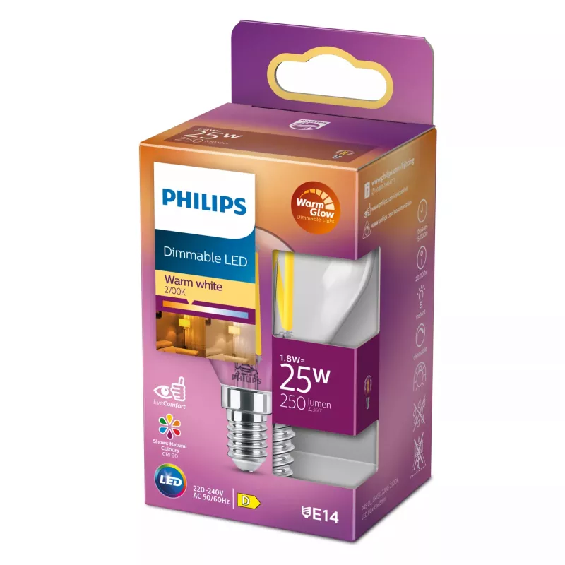 Philips Filament Candle Clear 25W P45 E14, 2,5 W, 25 W, E14, 340 lm, 15000 h, Silta gaisma