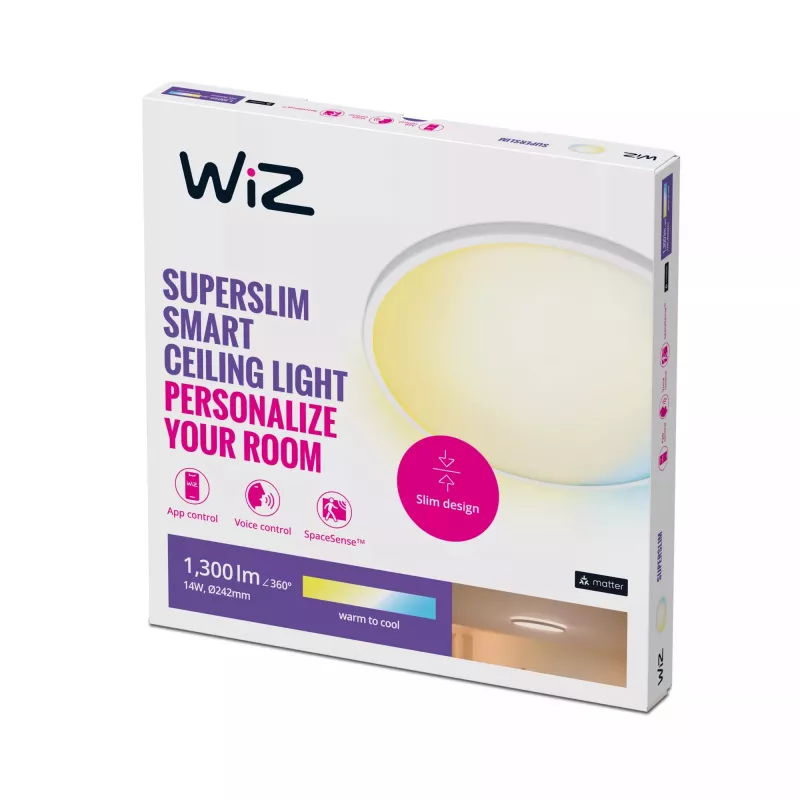 Viedais griestu gaismeklis WiZ Superslim Ceiling 14 W Wi-Fi/Bluetooth balts