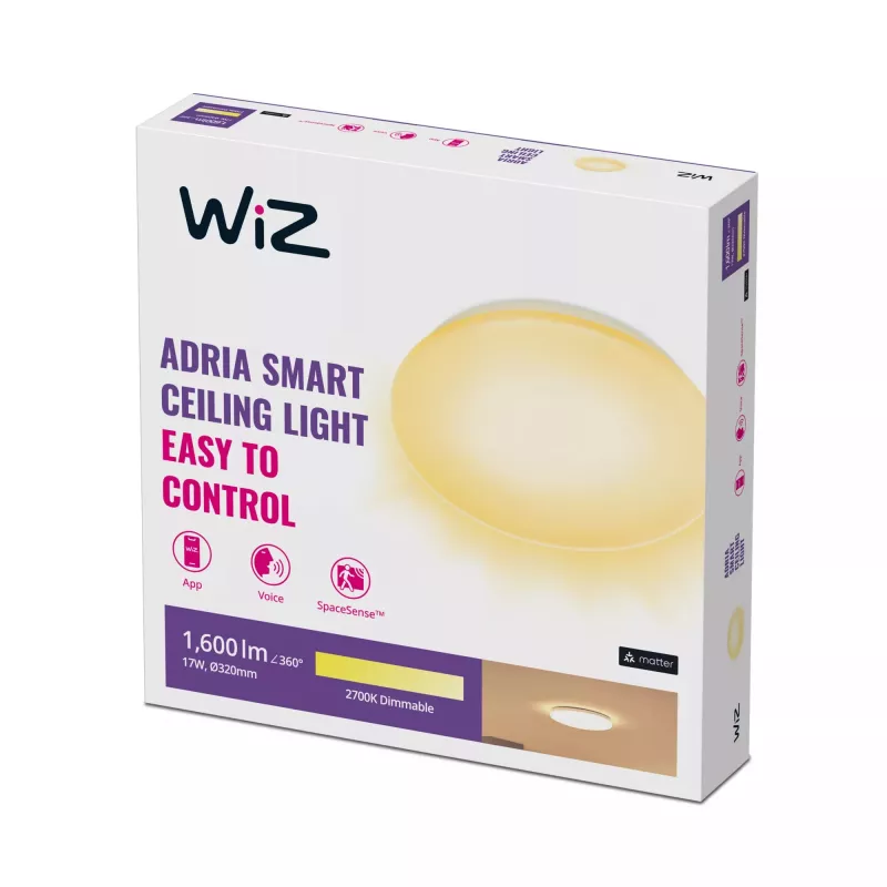 Viedais griestu gaismeklis Wiz Adria Ceiling 17 W — Wi‑Fi/Bluetooth, 320×68 mm, balts