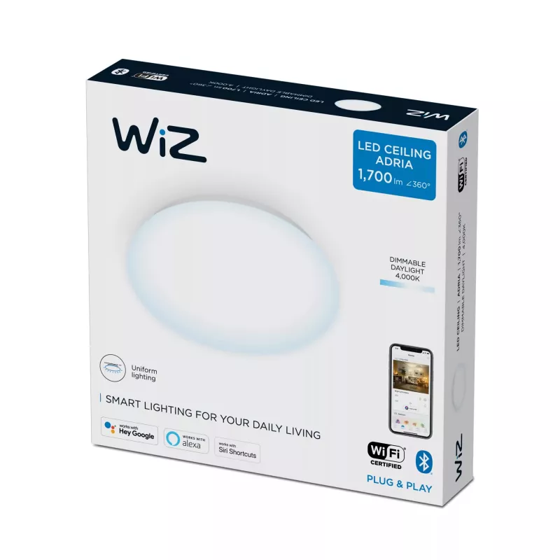 Viedā griestu lampa Signify WiZ Adria 17 W — Wi‑Fi/Bluetooth, 320×320×68 mm, balta