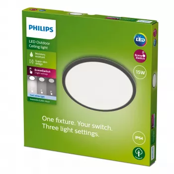 Griestu gaismeklis Philips Superslim 15 W LED, 4000 K, IP54, 250×250 mm, melns/balt krāsā