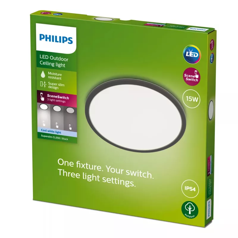 Griestu gaismeklis Philips Superslim 15 W LED, 4000 K, IP54, 250×250 mm, melns/balt krāsā