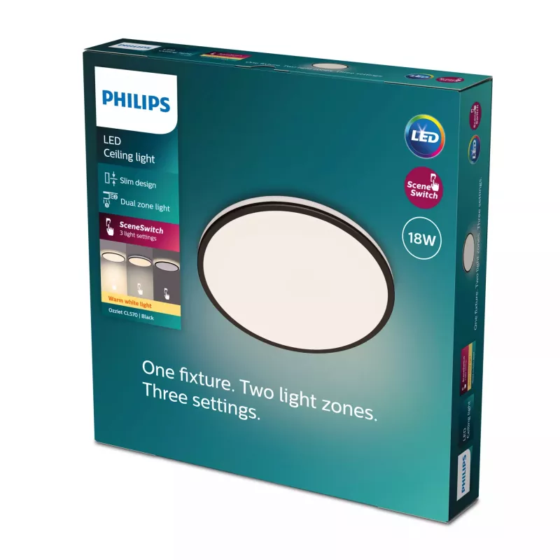 Philips Functional Ozziet griestu gaismeklis, 18 W LED, apaļš, melns, nemaināms gaismas avots, 220–240 V