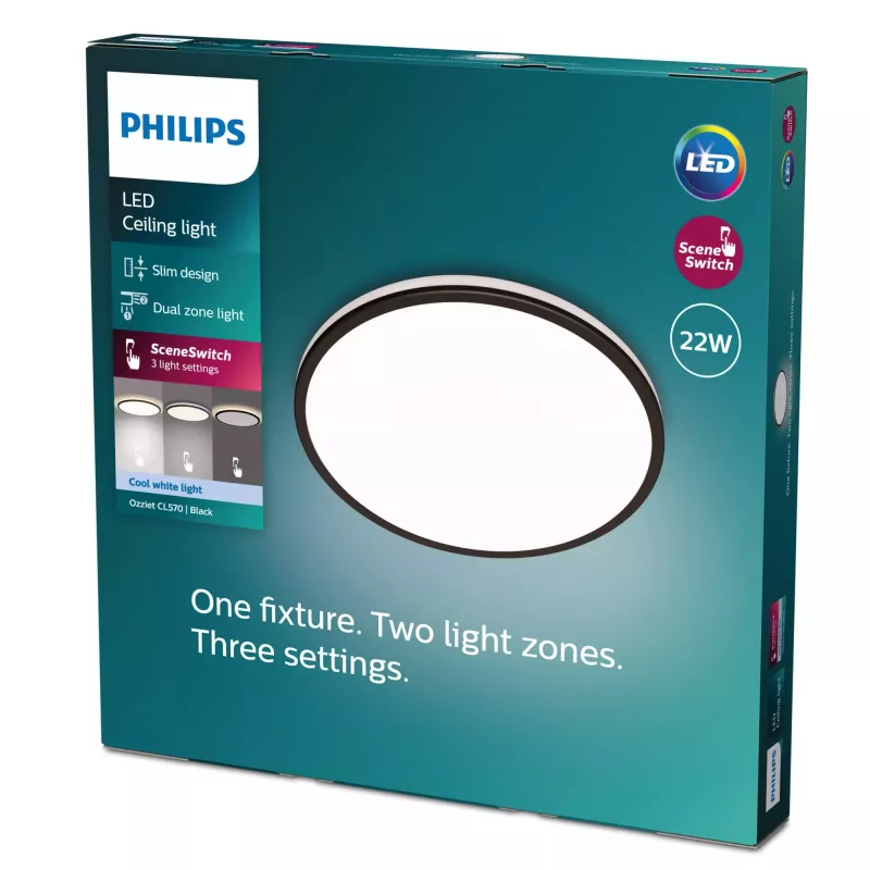 Griestu lampa Signify Philips Functional Ozziet, LED 22 W, apaļa 400 mm, melna, nemaināma spuldze