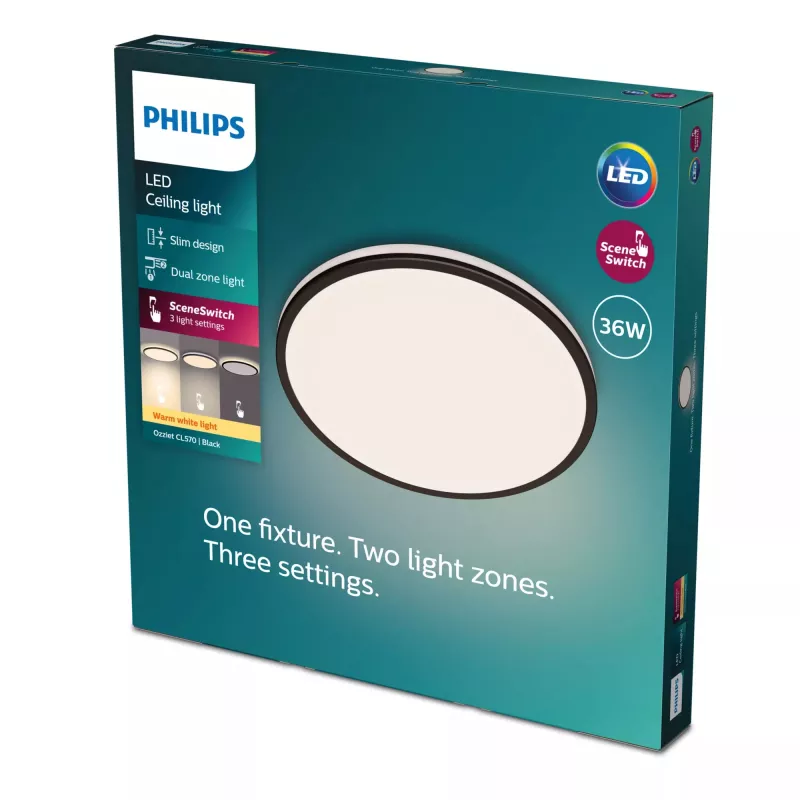 Griestu gaismeklis Philips Ozziet 36 W LED, apaļš 500×55 mm, melns, nemaināms LED modulis