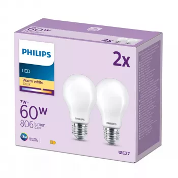 Philips Filament Bulb Frosted 60W A60 E27 x2, 7 W, 60 W, E27, 806 lm, 15000 h, silti balta