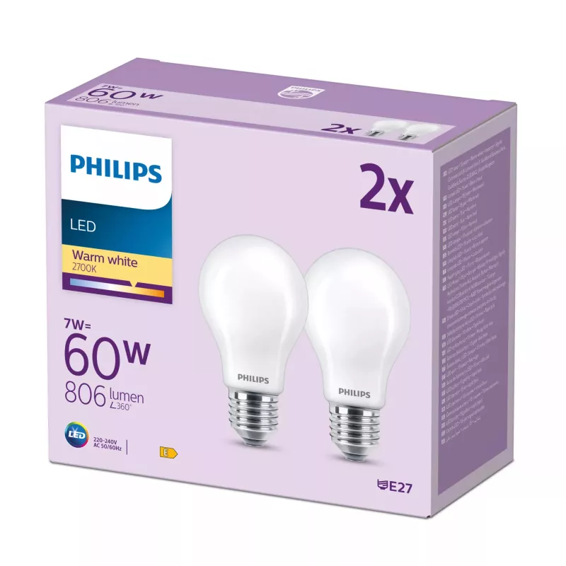 Philips Filament Bulb Frosted 60W A60 E27 x2, 7 W, 60 W, E27, 806 lm, 15000 h, silti balta