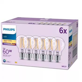 Philips Kvēldiega Spuldze Matēta 60W A60 E27 x6, 7 W, 60 W, E27, 806 lm, 15000 h, Silti balta