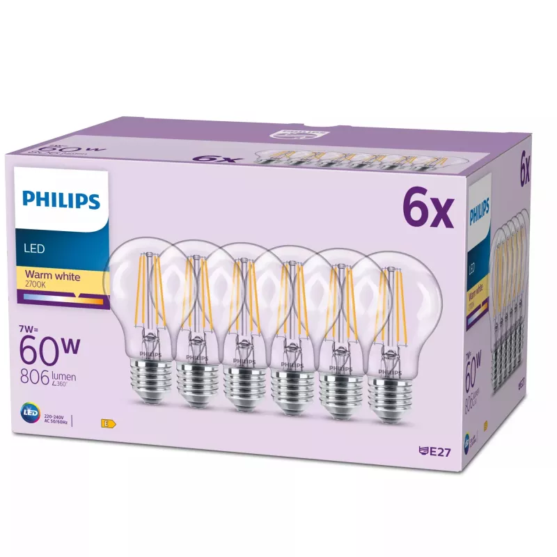 Philips Kvēldiega Spuldze Matēta 60W A60 E27 x6, 7 W, 60 W, E27, 806 lm, 15000 h, Silti balta