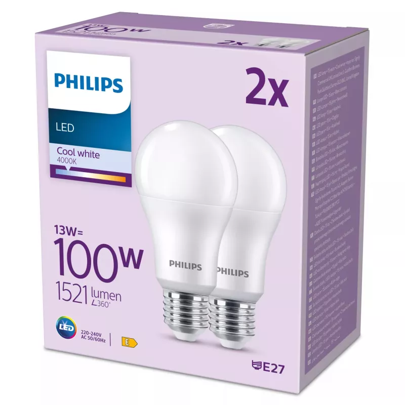 Philips spuldze 100W A67 E27 x2, 13 W, 100 W, E27, 1521 lm, 15000 h, vēsi balta