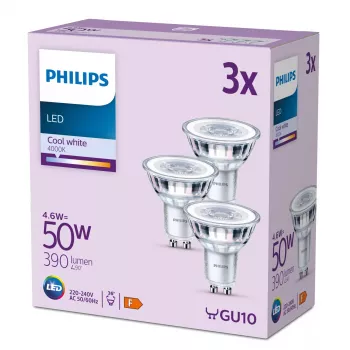 Philips Spot 50W PAR16 GU10 x3, 4.6 W, 50 W, GU10, 390 lm, 15000 h, Vēsi balts