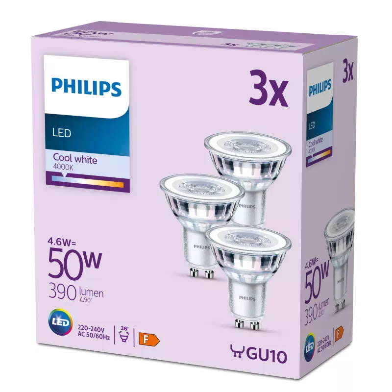 Philips Spot 50W PAR16 GU10 x3, 4.6 W, 50 W, GU10, 390 lm, 15000 h, Vēsi balts