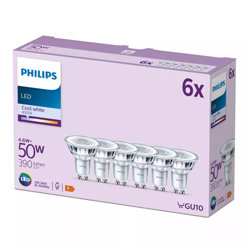 Philips Spot 50W PAR16 GU10 x6, 4,6 W, 50 W, GU10, 390 lm, 15000 h, Vēsi balta