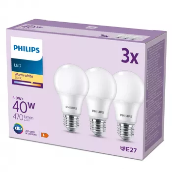Philips Spuldze 40W A60 E27 x3, 4,9 W, 40 W, E27, 470 lm, 15000 h, Silta balta