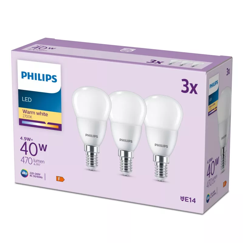 Philips svečveida spuldze 40W P45 E14 x3, 4,9 W, 40 W, E14, 470 lm, 15000 h, silti balta