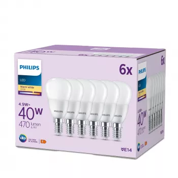 Philips Candle 40W P45 E14 x6, 4,9 W, 40 W, E14, 470 lm, 15 000 h, Silts balts