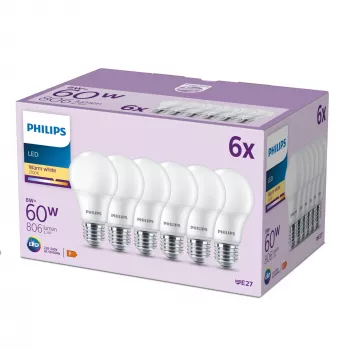 Philips spuldze 60W A60 E27 x6, 8 W, 60 W, E27, 806 lm, 15000 h, silti balta