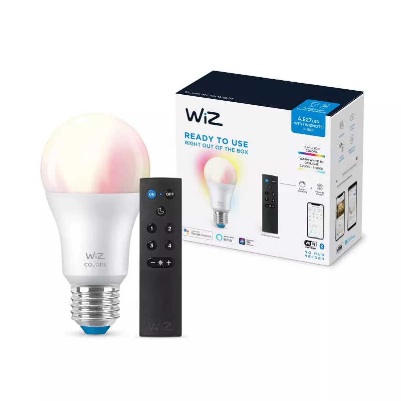 WiZ spuldze 8W (Eq.60W) A60 E27 x1 + tālvadības pults, Viedā spuldze, Wi-Fi/Bluetooth, Balta, Wi-Fi 4 (802.11n), 802.11b, 802.11g, LED, E27