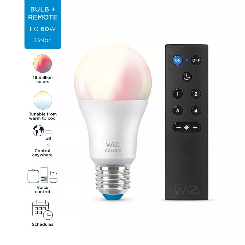 WiZ spuldze 8W (Eq.60W) A60 E27 x1 + tālvadības pults, Viedā spuldze, Wi-Fi/Bluetooth, Balta, Wi-Fi 4 (802.11n), 802.11b, 802.11g, LED, E27