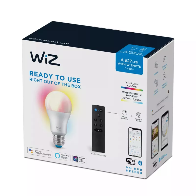 WiZ spuldze 8W (Eq.60W) A60 E27 x1 + tālvadības pults, Viedā spuldze, Wi-Fi/Bluetooth, Balta, Wi-Fi 4 (802.11n), 802.11b, 802.11g, LED, E27