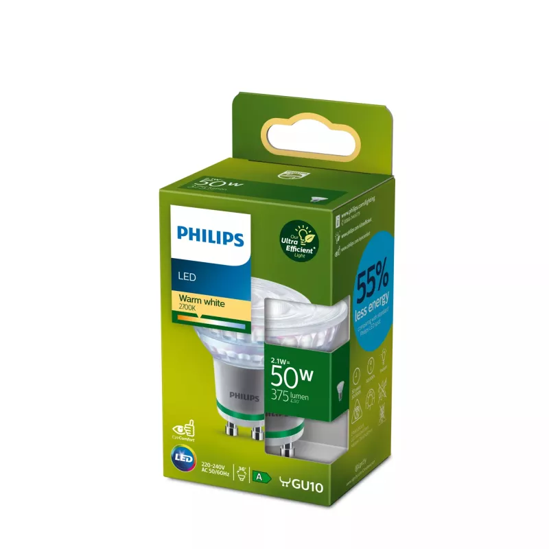 Philips Spot 50W PAR16 GU10, 2,1 W, 50 W, GU10, 375 lm, 50000 h, silti balta
