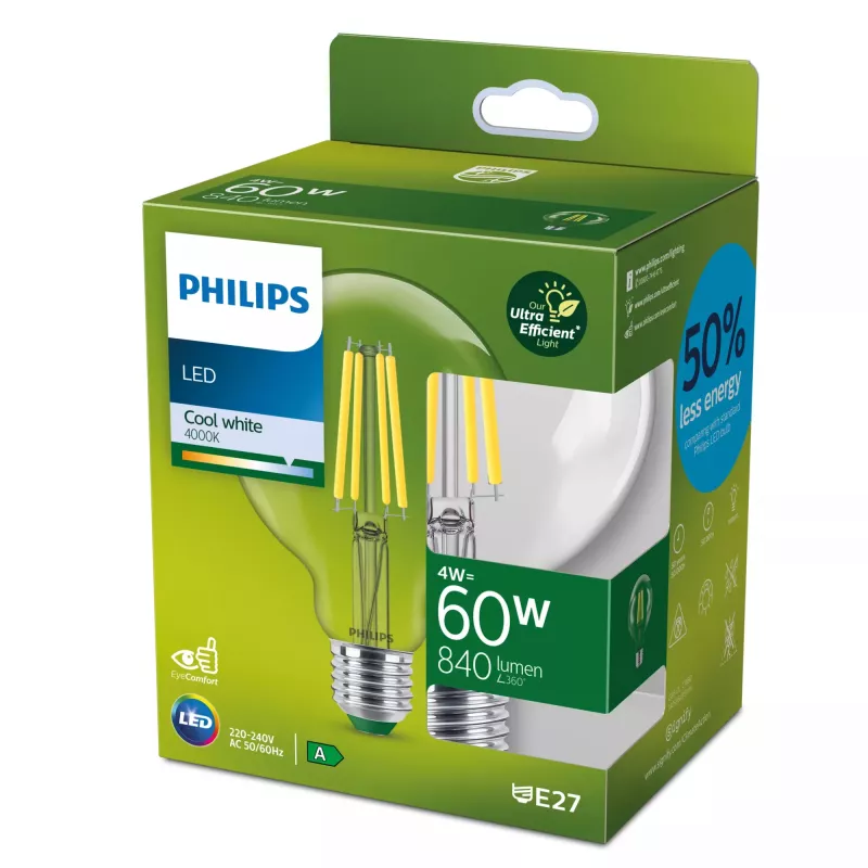 Philips kvēlspuldze ar kvēldiega efektu, caurspīdīga, 60 W, G95, E27, 4 W, 60 W, E27, 840 lm, 50000 h, vēsi balta