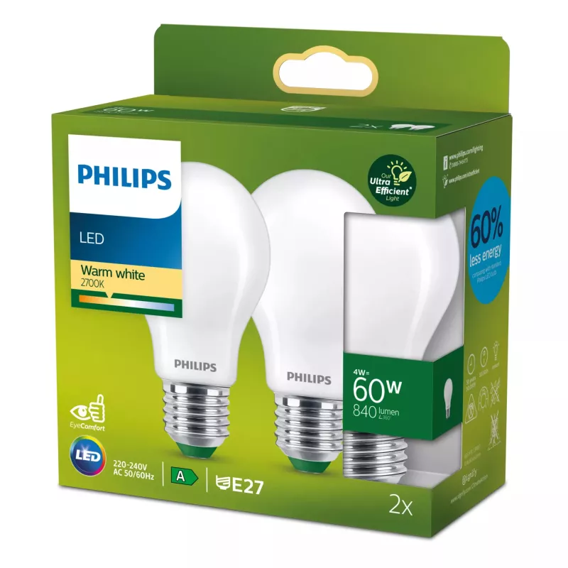 Philips kvēldiega spuldze matēta 60W A60 E27 4W silti balta 840lm