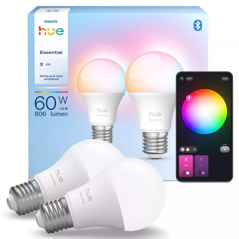 Philips Hue balta and colour ambience Essential A60 – E27 viedspuldze – 806 lm – 8W – 2 iepakojumā