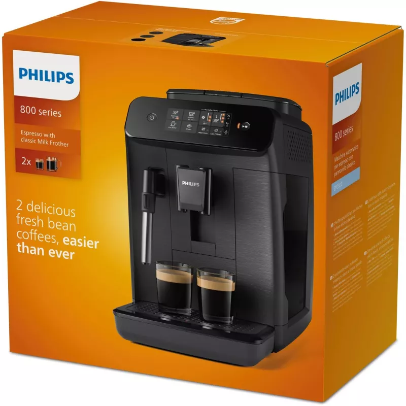 Espresso kafijas automāts Philips 800 sērija EP0820/00 — pilnībā automātisks, 1,8 L tvertne, iebūvēta keramikas dzirnaviņas 275 g, 15 bāri, melns