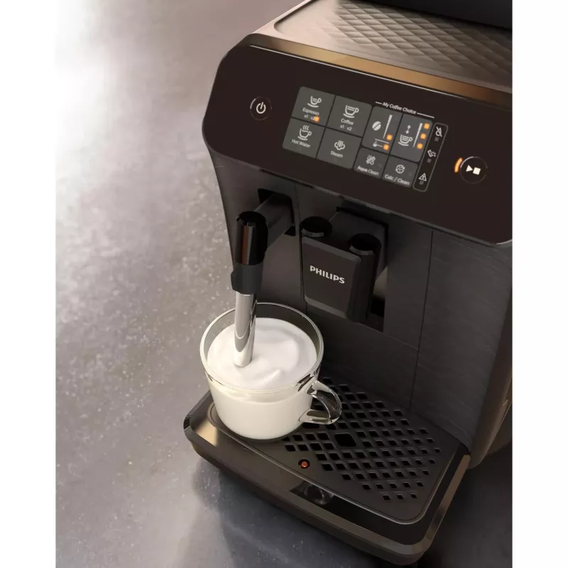 Espresso kafijas automāts Philips 800 sērija EP0820/00 — pilnībā automātisks, 1,8 L tvertne, iebūvēta keramikas dzirnaviņas 275 g, 15 bāri, melns
